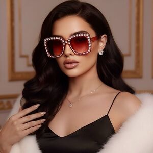Elegant Red/Pink Sunglasses with Crystal Diamonds
